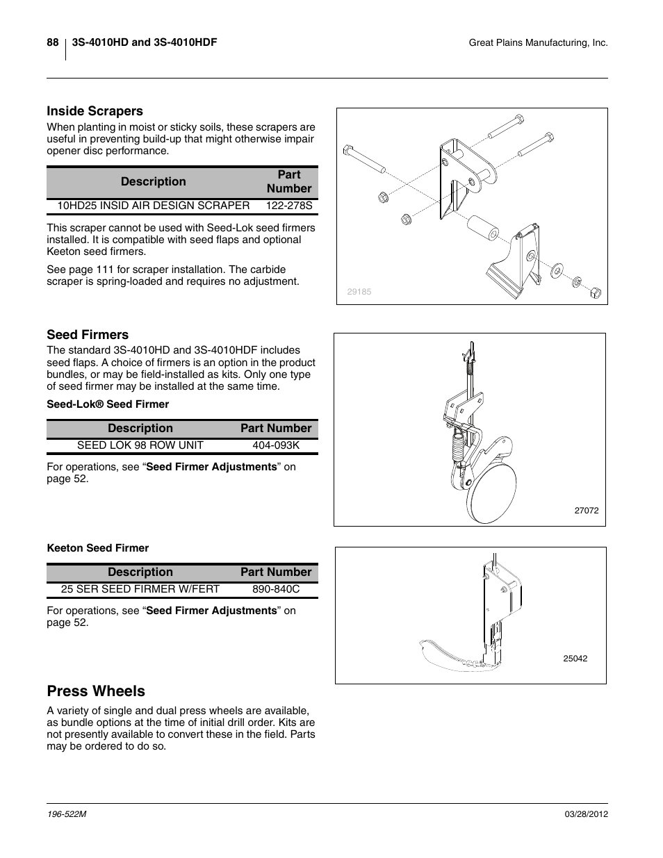 Inside scrapers, Seed firmers, Seed-lok® seed firmer | Keeton seed firmer, Press wheels, Inside scrapers seed firmers, Seed-lok® seed firmer keeton seed firmer | Great Plains 3S-4010HDF Operator Manual User Manual | Page 92 / 122