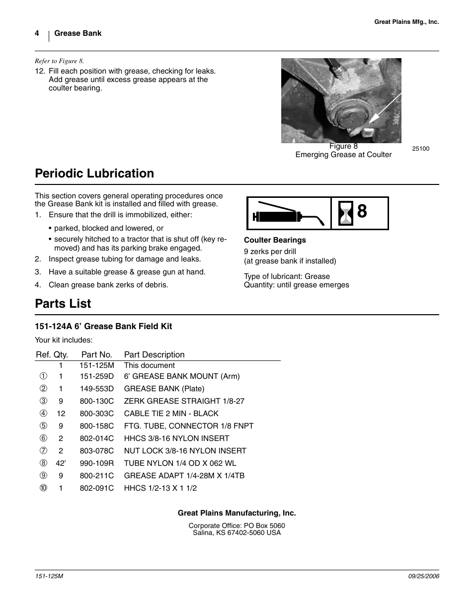 Figure 8 emerging grease at coulter, Periodic lubrication, Parts list | 124a 6’ grease bank field kit | Great Plains 3P605NT Assembly Instructions User Manual | Page 4 / 4