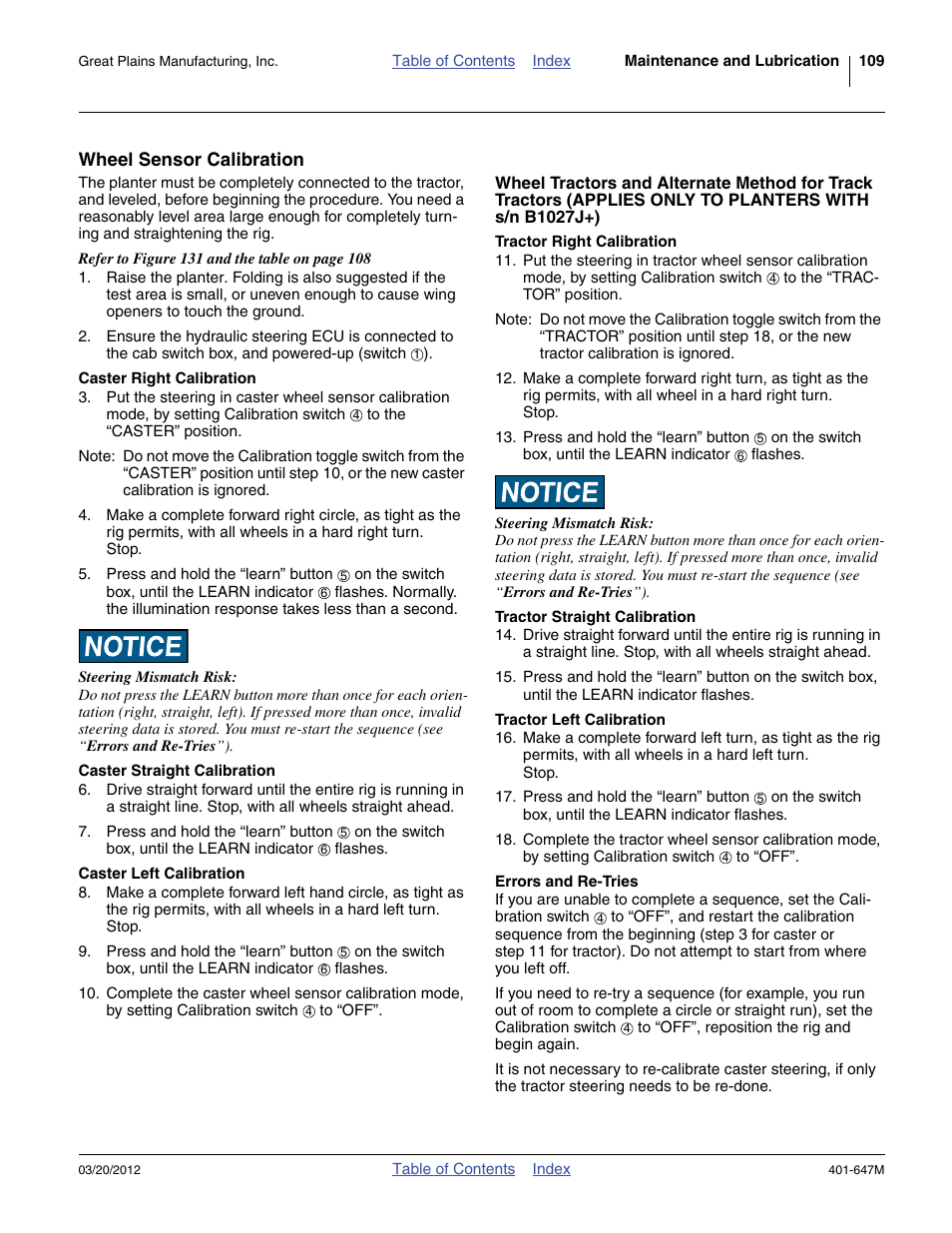 Wheel sensor calibration, Caster right calibration, Caster straight calibration | Caster left calibration, Tractor right calibration, Tractor straight calibration, Tractor left calibration, Errors and re-tries | Great Plains 3PYPA Operator Manual User Manual | Page 113 / 188