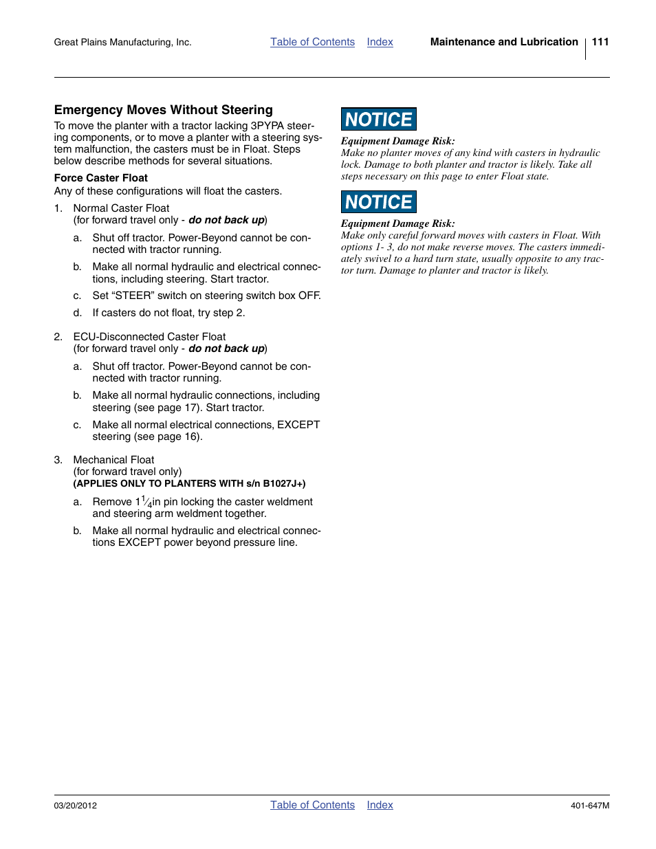 Emergency moves without steering, Force caster float | Great Plains 3PYPA Operator Manual User Manual | Page 115 / 188