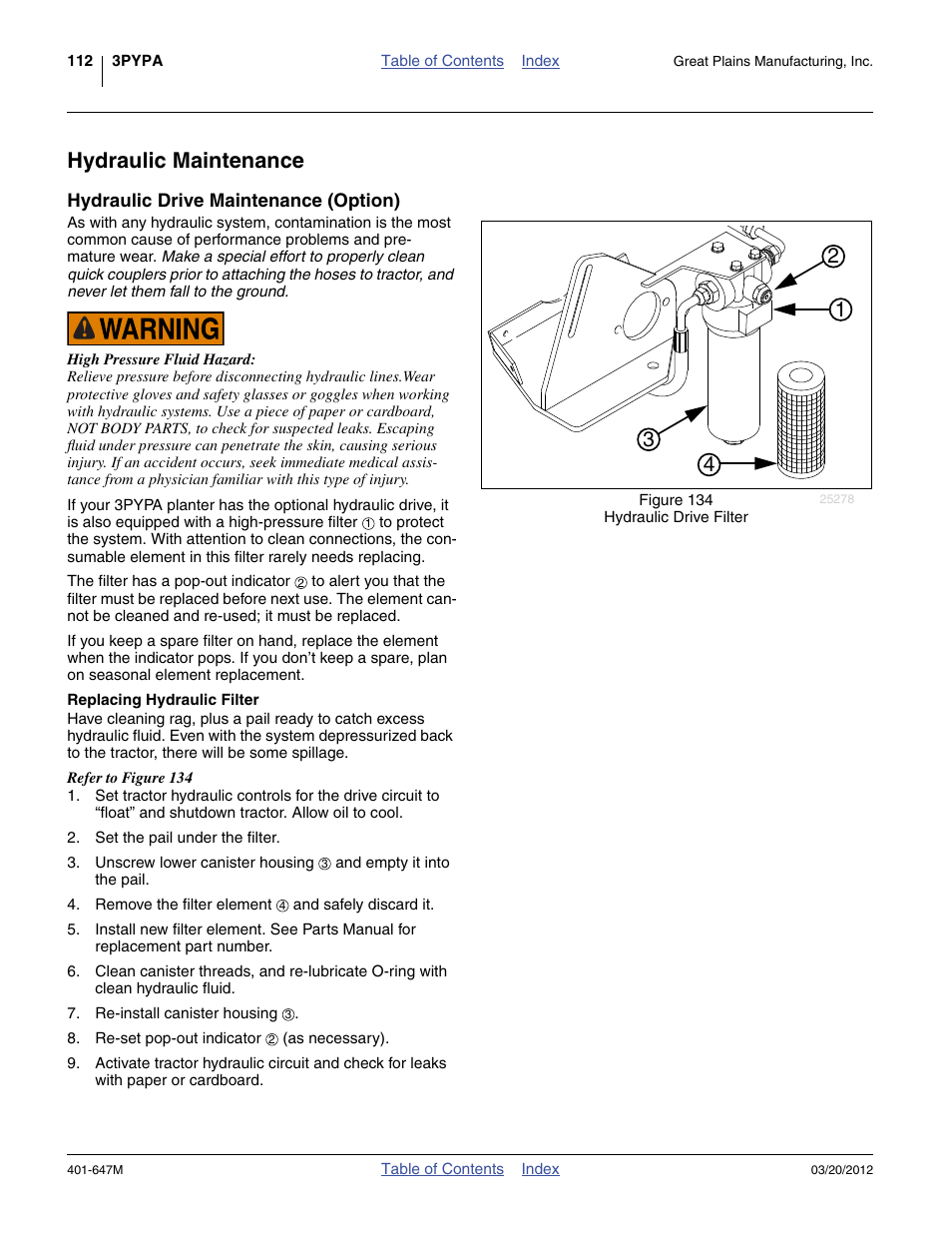 Hydraulic maintenance, Hydraulic drive maintenance (option), Replacing hydraulic filter | Great Plains 3PYPA Operator Manual User Manual | Page 116 / 188