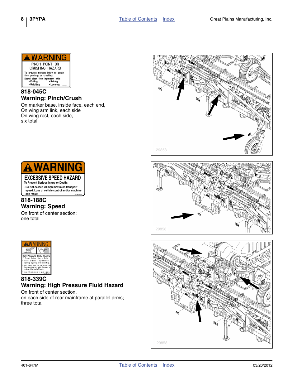 045c warning: pinch/crush, 188c warning: speed, 339c warning: high pressure fluid hazard | Warning, Excessive speed hazard | Great Plains 3PYPA Operator Manual User Manual | Page 12 / 188