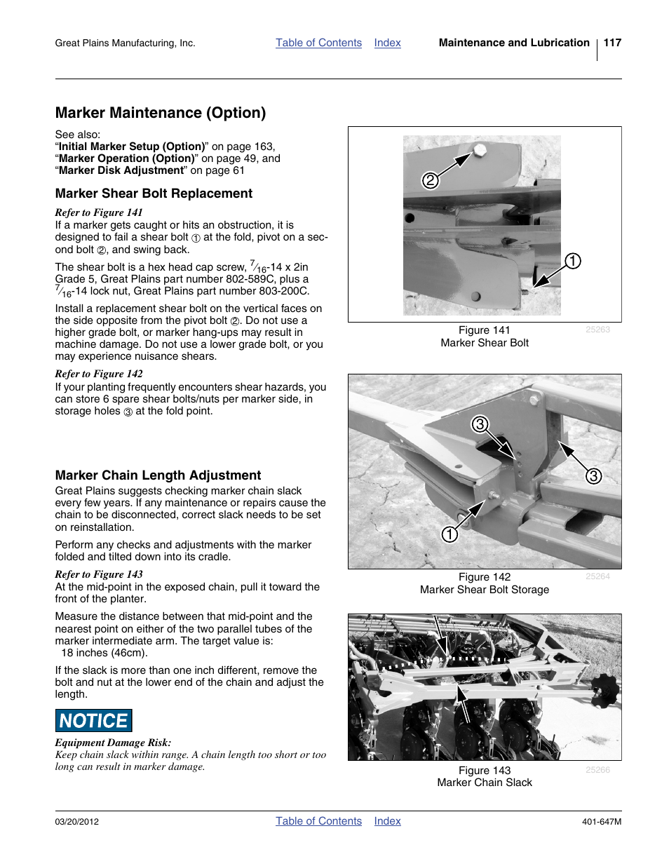 Marker maintenance (option), Marker shear bolt replacement, Marker chain length adjustment | Led. see “ marker | Great Plains 3PYPA Operator Manual User Manual | Page 121 / 188