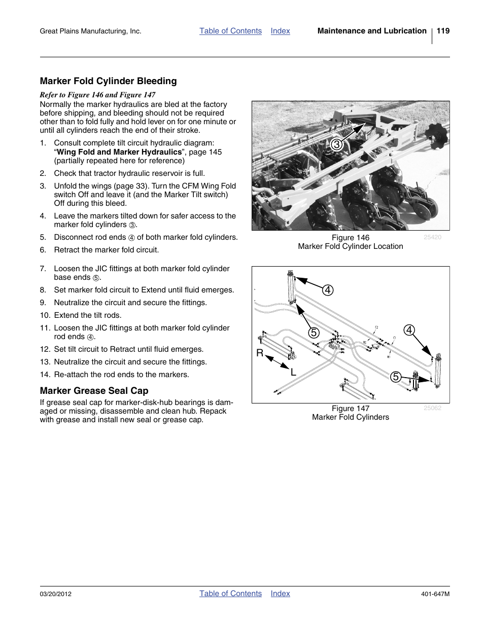 Marker fold cylinder bleeding, Marker grease seal cap | Great Plains 3PYPA Operator Manual User Manual | Page 123 / 188