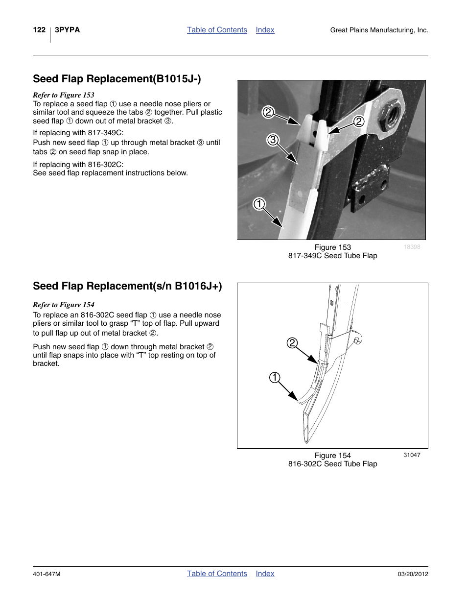 Seed flap replacement(b1015j-), Seed flap replacement(s/n b1016j+) | Great Plains 3PYPA Operator Manual User Manual | Page 126 / 188