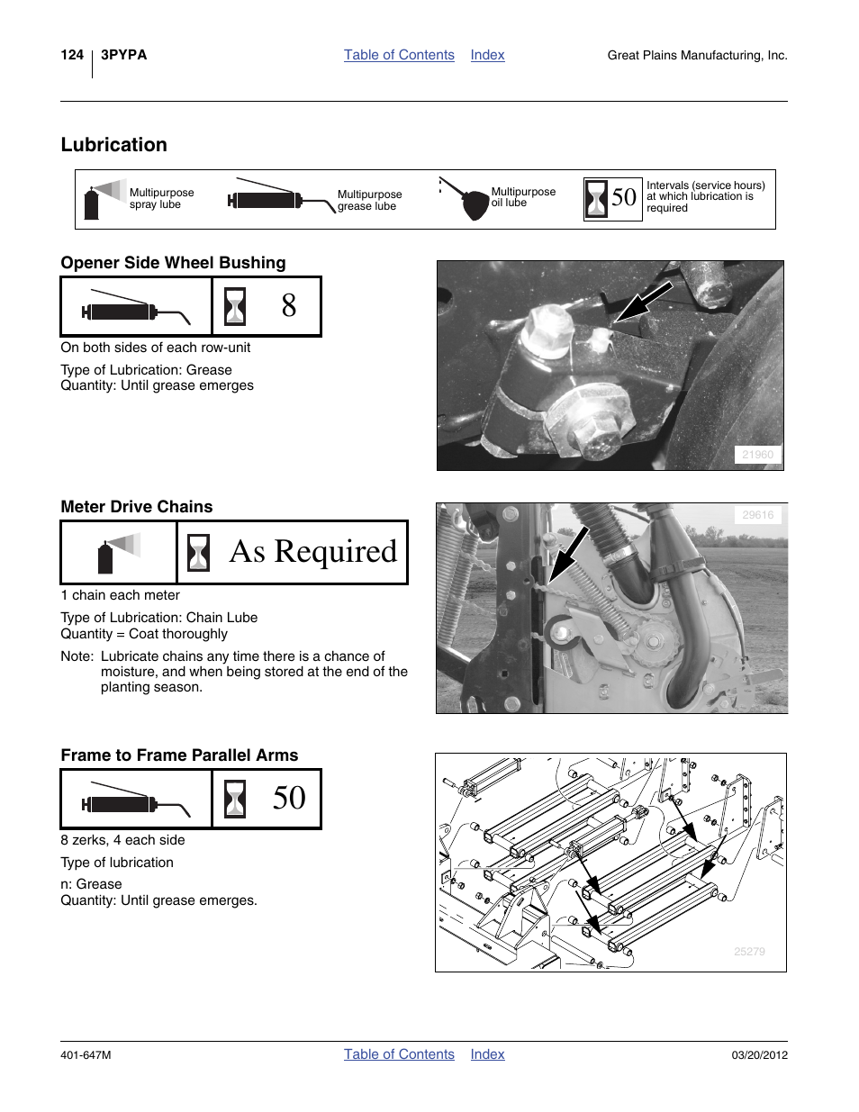 Lubrication, Opener side wheel bushing, Meter drive chains | Frame to frame parallel arms, Icate planter as indicated under “ lubrication, As required | Great Plains 3PYPA Operator Manual User Manual | Page 128 / 188