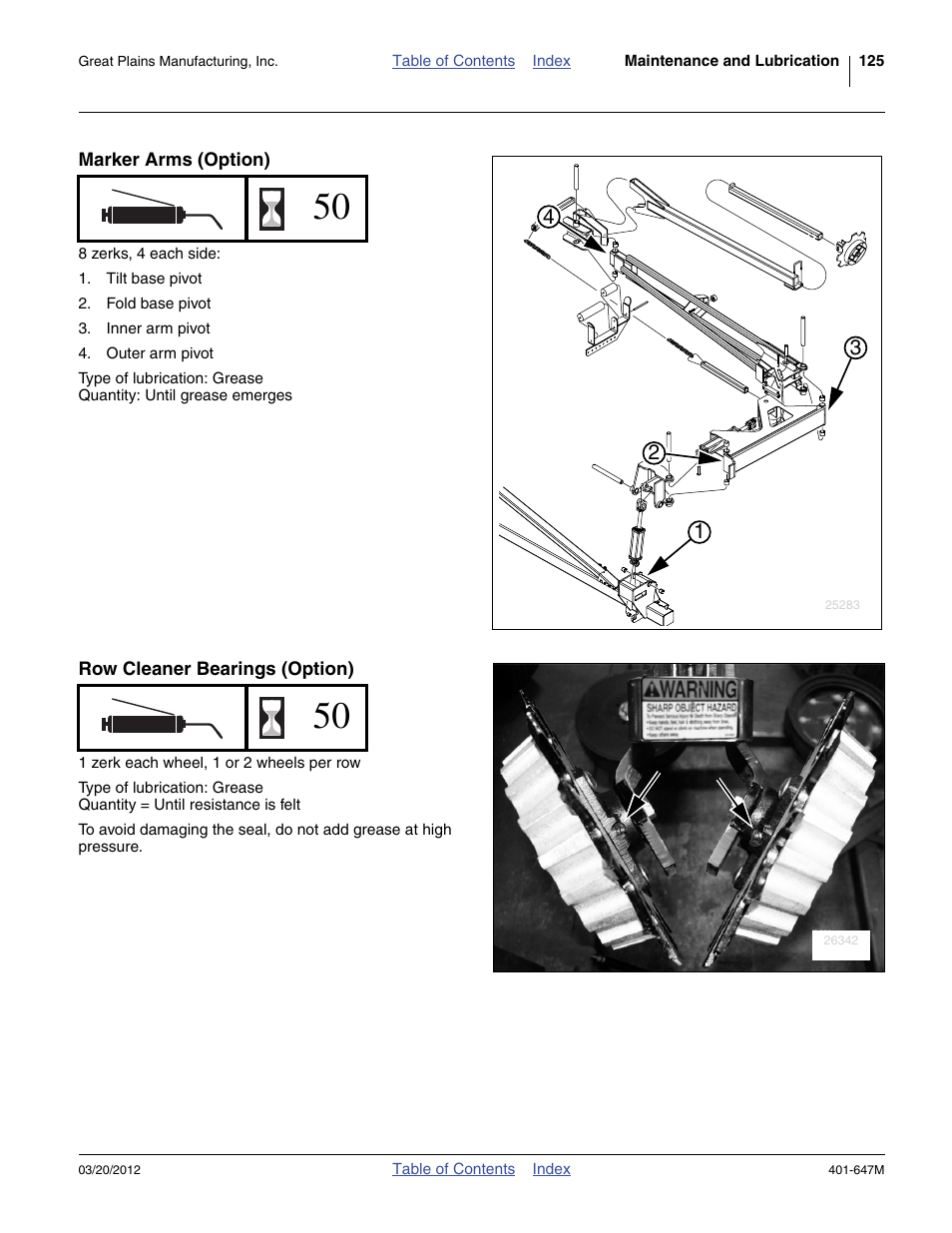 Marker arms (option), Row cleaner bearings (option) | Great Plains 3PYPA Operator Manual User Manual | Page 129 / 188