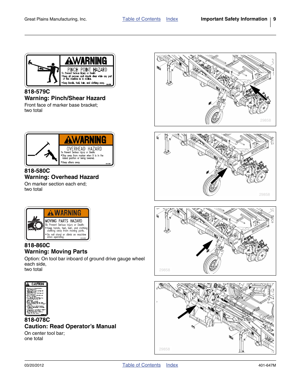 579c warning: pinch/shear hazard, 580c warning: overhead hazard, 860c warning: moving parts | 078c caution: read operator’s manual | Great Plains 3PYPA Operator Manual User Manual | Page 13 / 188