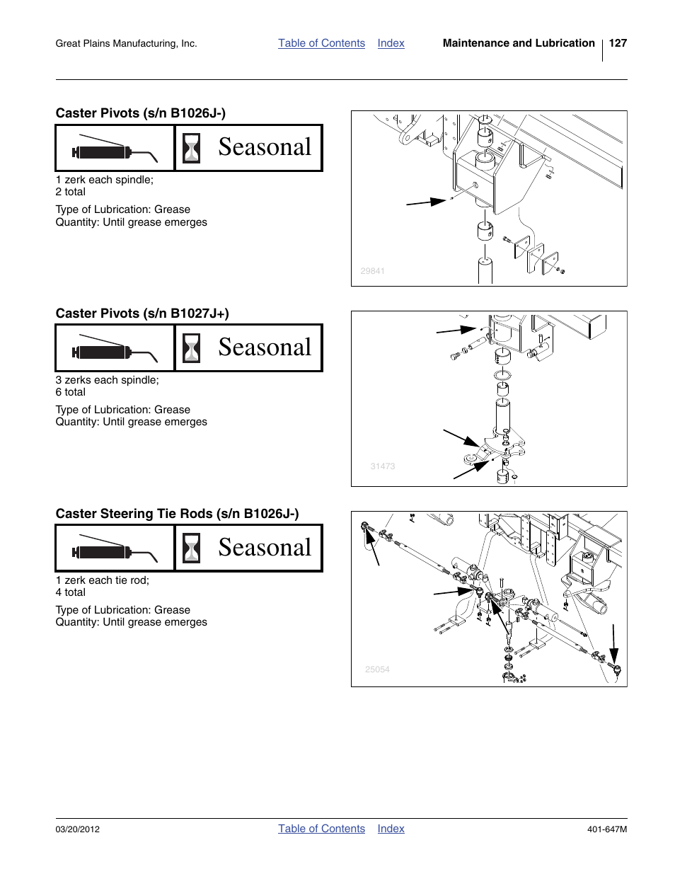 Caster pivots (s/n b1026j-), Caster pivots (s/n b1027j+), Caster steering tie rods (s/n b1026j-) | Seasonal | Great Plains 3PYPA Operator Manual User Manual | Page 131 / 188