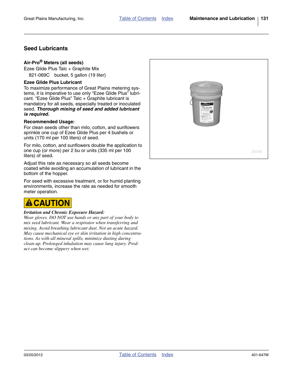 Seed lubricants, Air-pro® meters (all seeds), Ezee glide plus talc + graphite mix | Ezee glide plus lubricant | Great Plains 3PYPA Operator Manual User Manual | Page 135 / 188