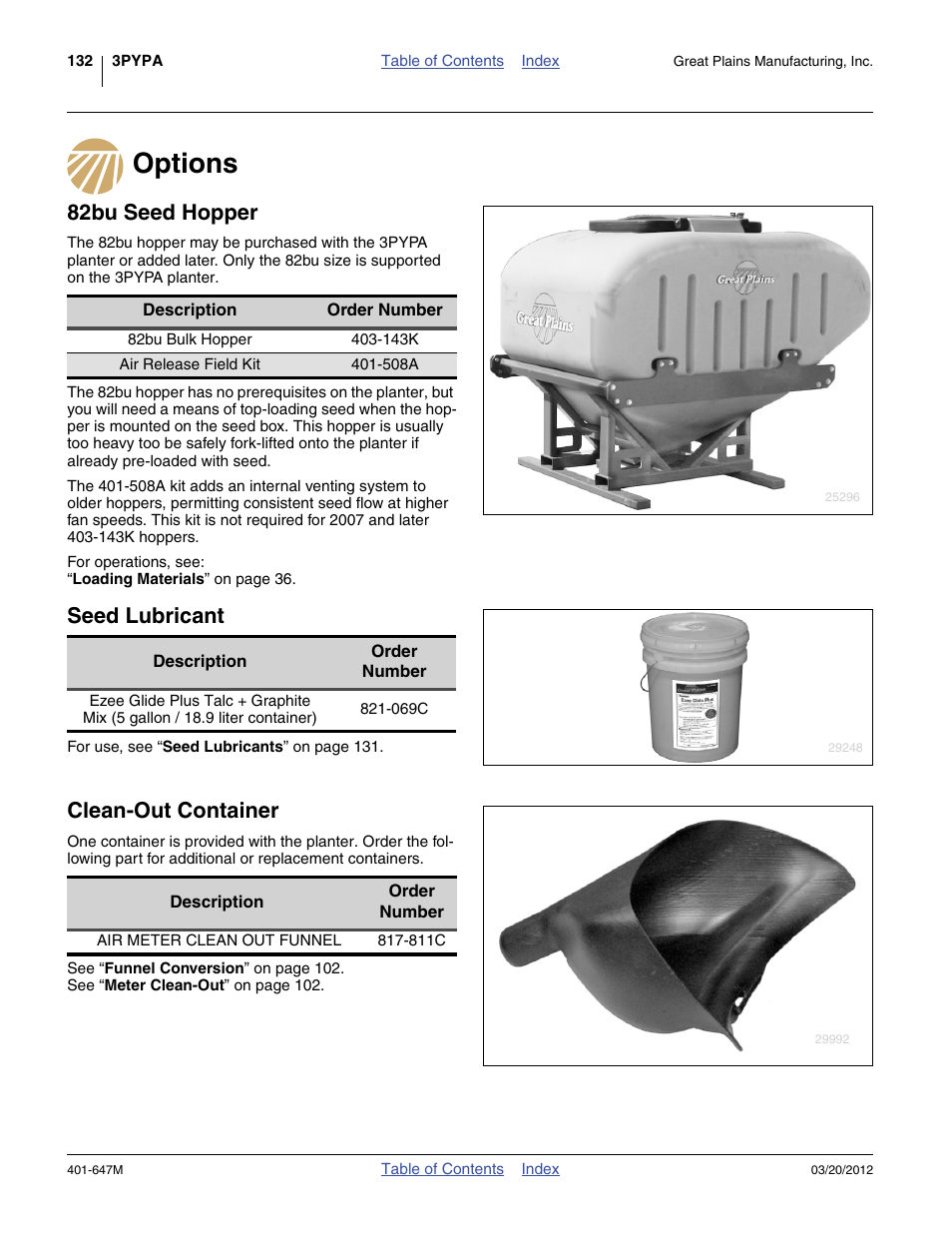 Options, 82bu seed hopper, Seed lubricant | Clean-out container | Great Plains 3PYPA Operator Manual User Manual | Page 136 / 188