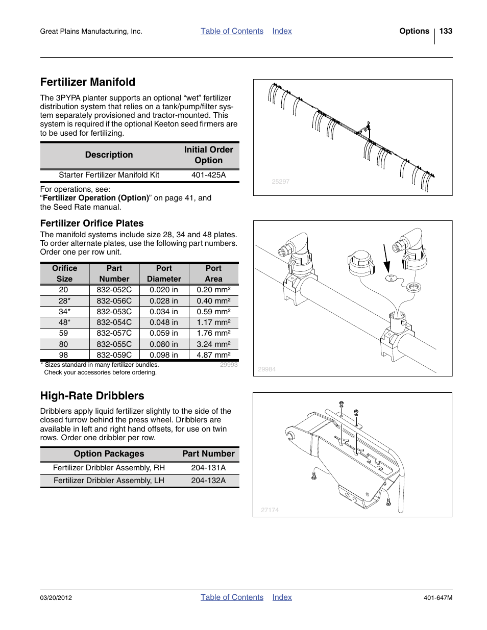 Fertilizer manifold, Fertilizer orifice plates, High-rate dribblers | Great Plains 3PYPA Operator Manual User Manual | Page 137 / 188