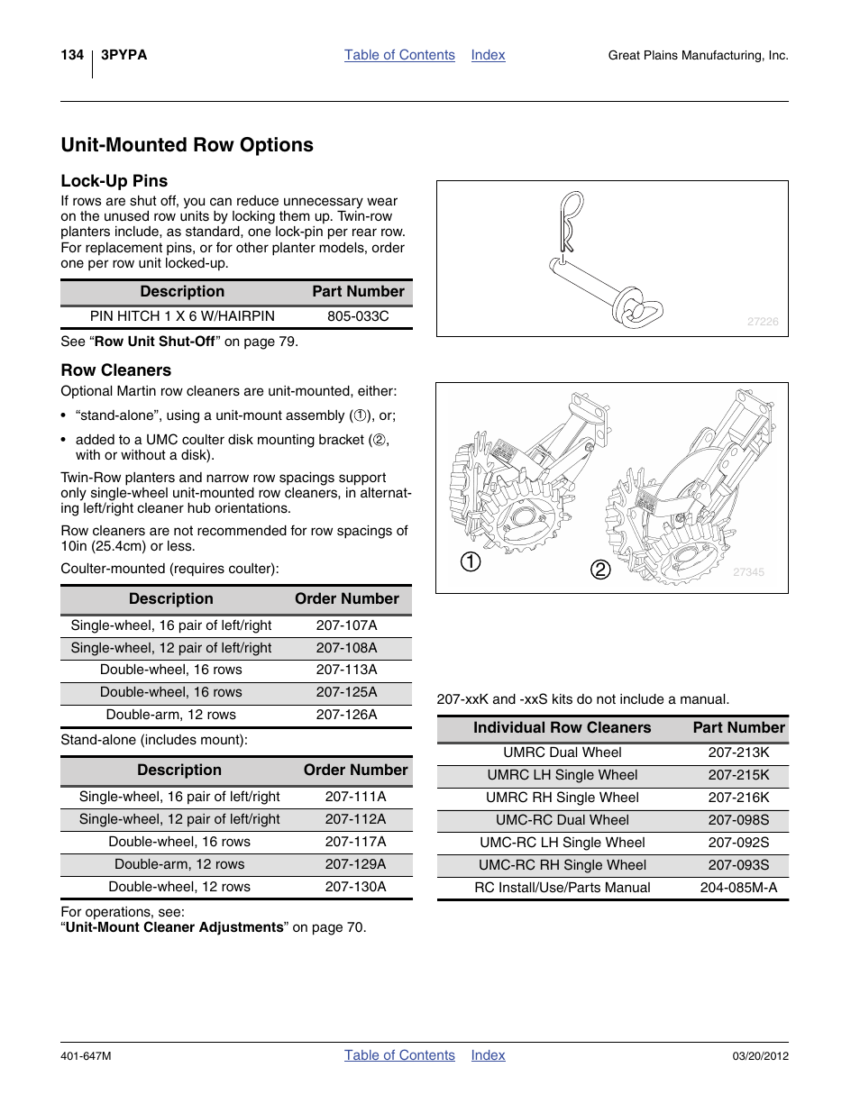 Unit-mounted row options, Lock-up pins, Row cleaners | Great Plains 3PYPA Operator Manual User Manual | Page 138 / 188