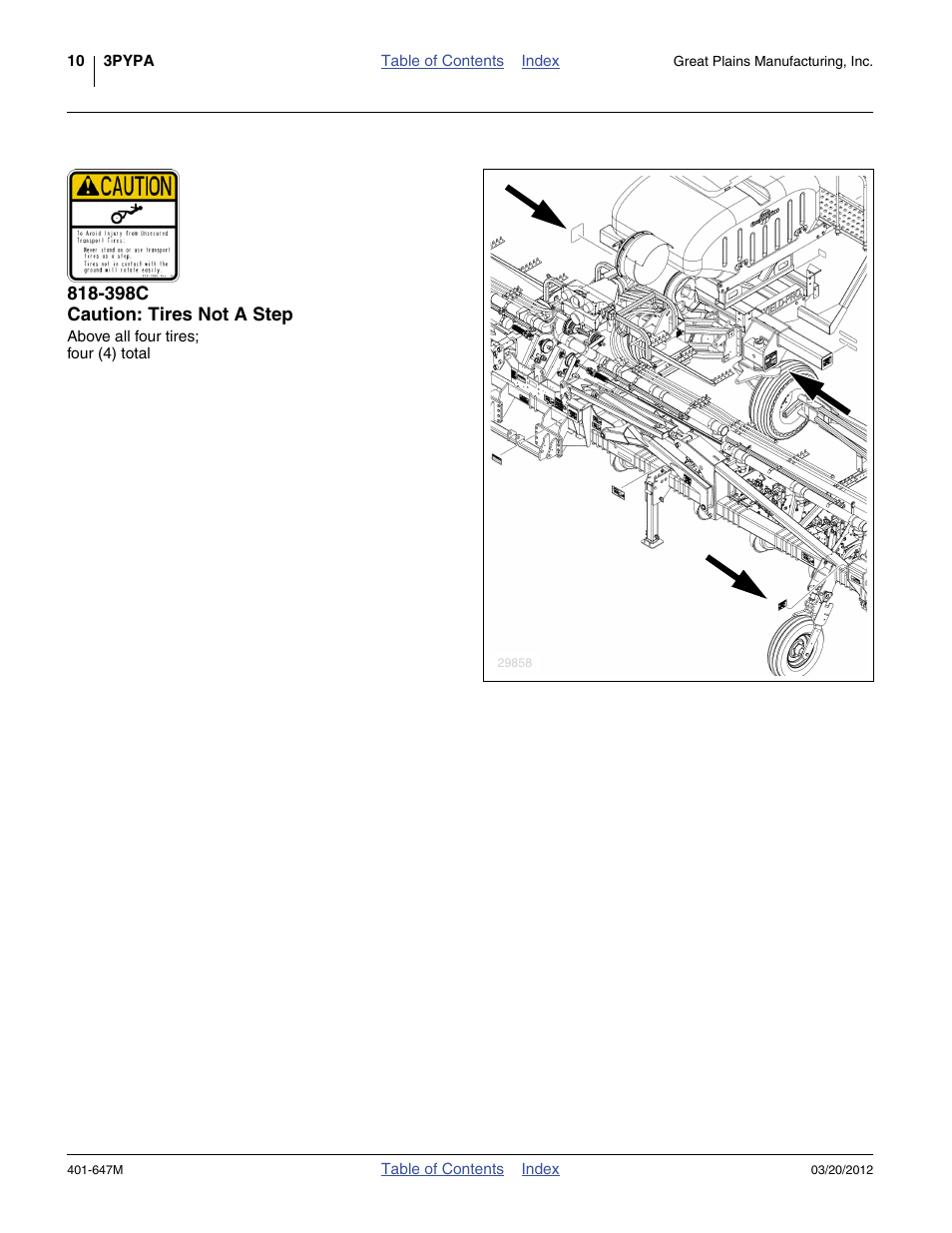 398c caution: tires not a step | Great Plains 3PYPA Operator Manual User Manual | Page 14 / 188