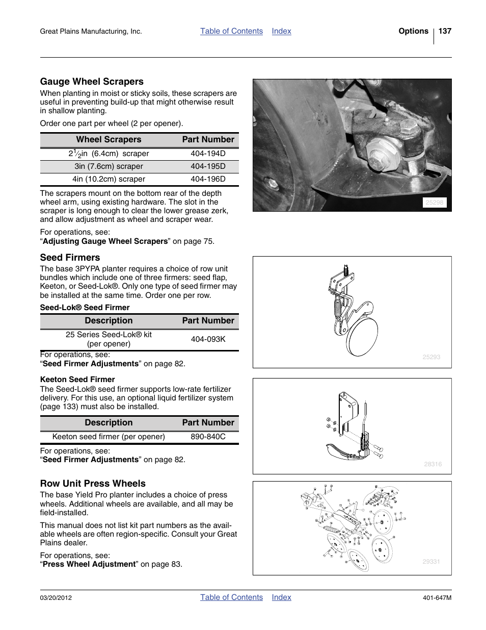 Gauge wheel scrapers, Seed firmers, Seed-lok® seed firmer | Keeton seed firmer, Row unit press wheels | Great Plains 3PYPA Operator Manual User Manual | Page 141 / 188