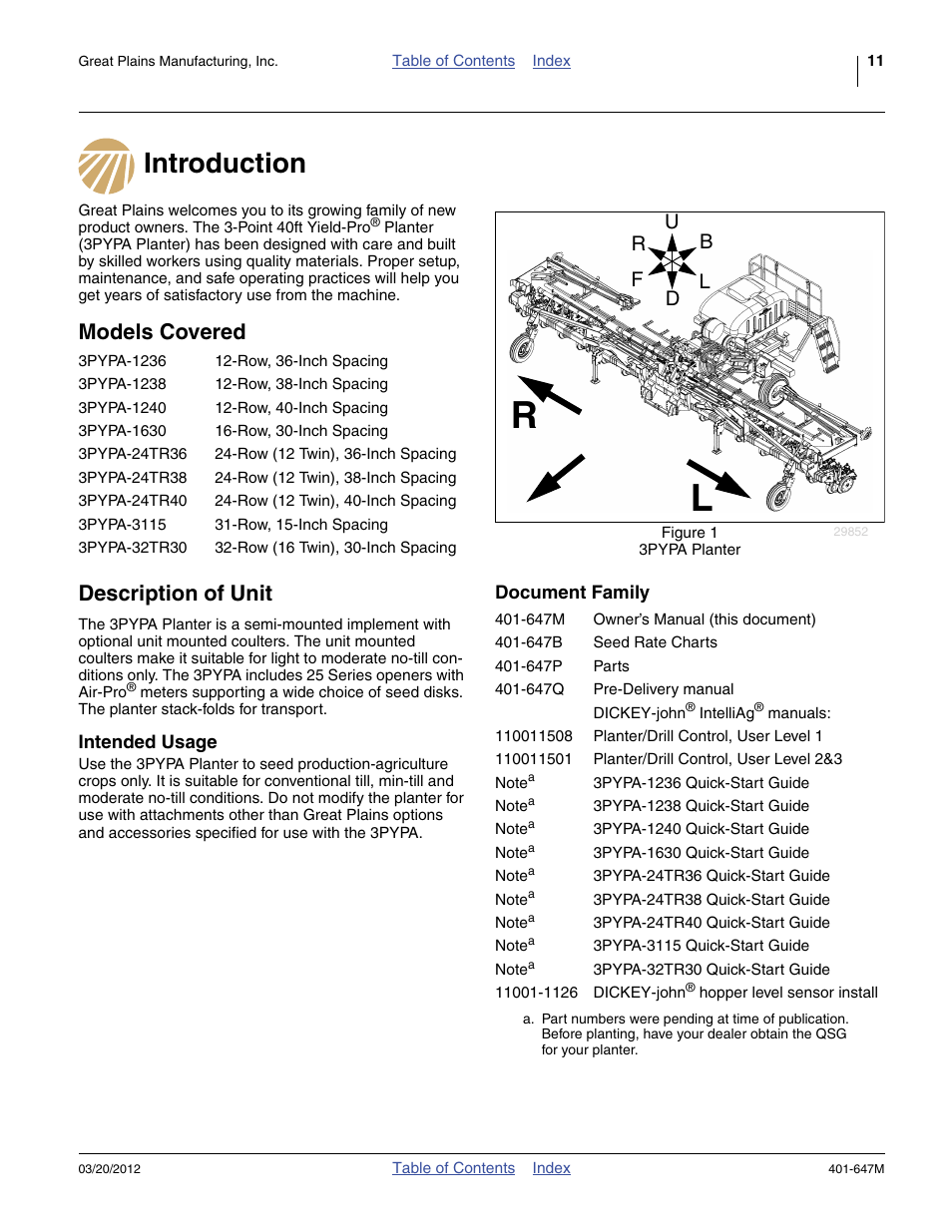 Introduction, Models covered, Description of unit | Intended usage, Document family, Introduction models covered description of unit, Intended usage document family, Models covered description of unit | Great Plains 3PYPA Operator Manual User Manual | Page 15 / 188