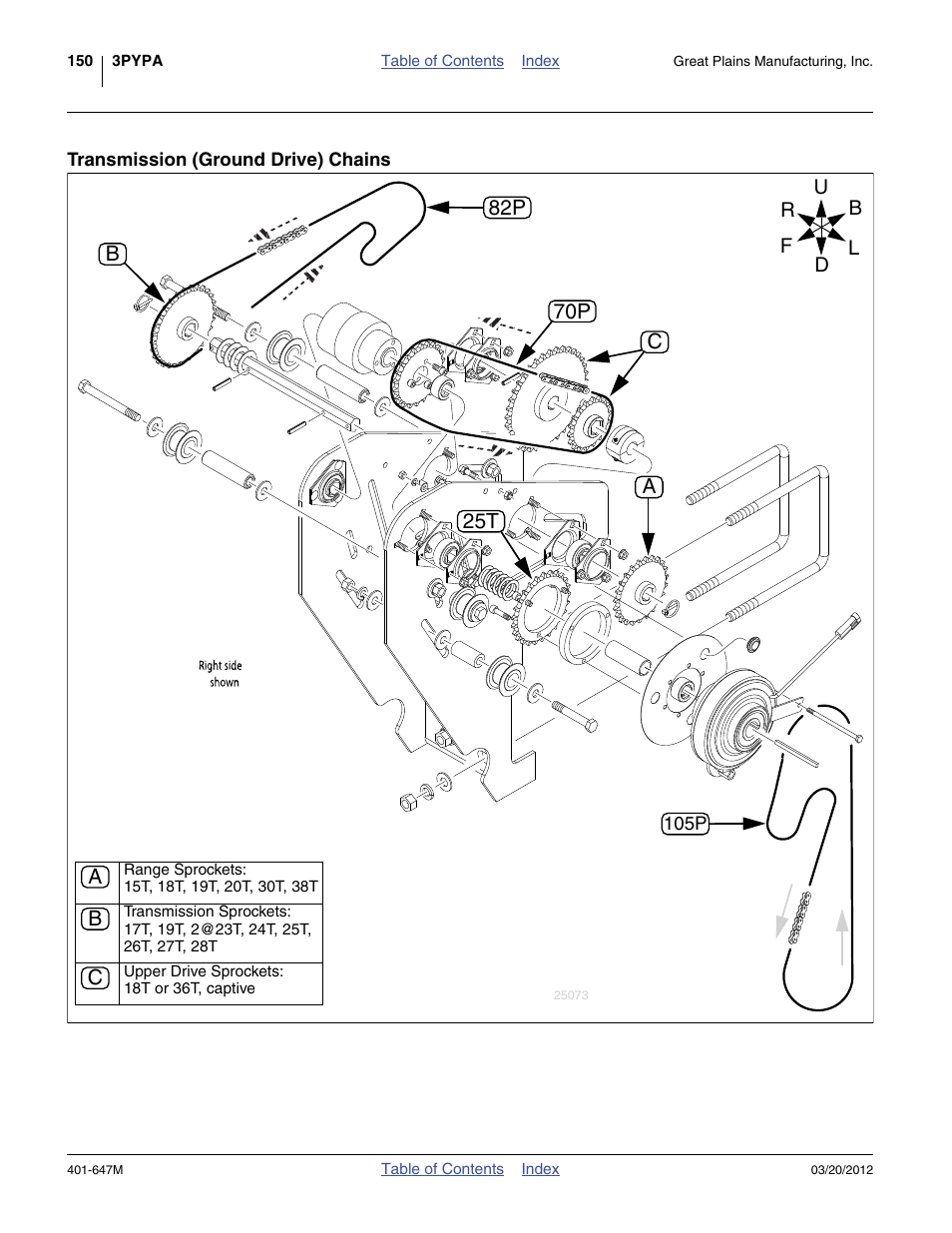 Transmission (ground drive) chains, 70p c, Ab c b 25t 82p | Great Plains 3PYPA Operator Manual User Manual | Page 154 / 188