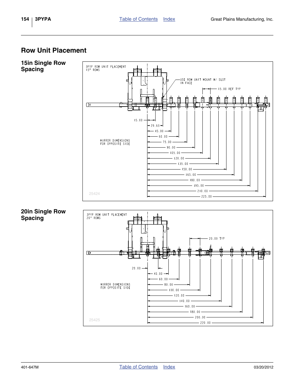 Row unit placement, 15in single row spacing, 20in single row spacing | Great Plains 3PYPA Operator Manual User Manual | Page 158 / 188