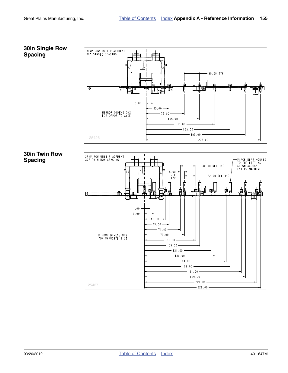 30in single row spacing, 30in twin row spacing | Great Plains 3PYPA Operator Manual User Manual | Page 159 / 188
