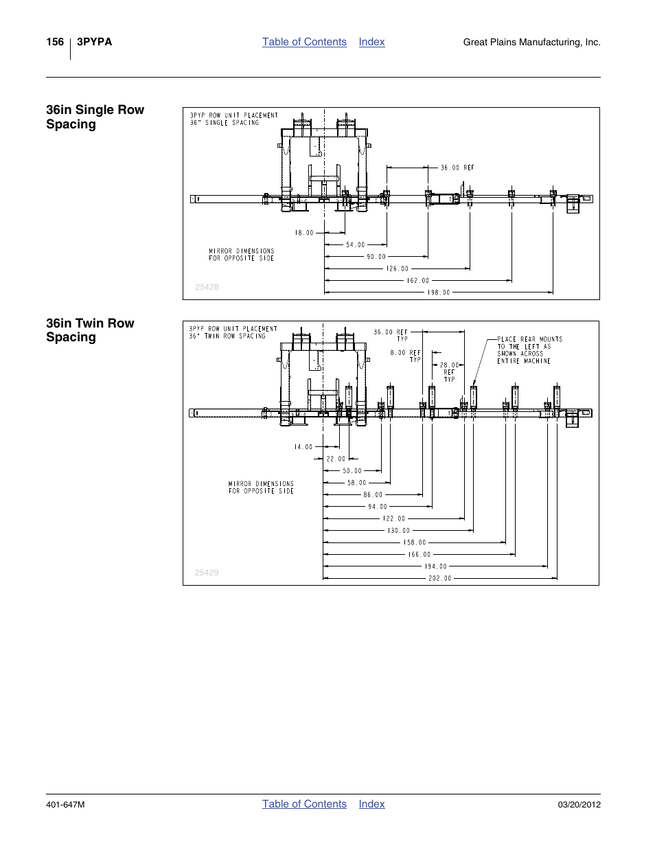 36in single row spacing, 36in twin row spacing | Great Plains 3PYPA Operator Manual User Manual | Page 160 / 188