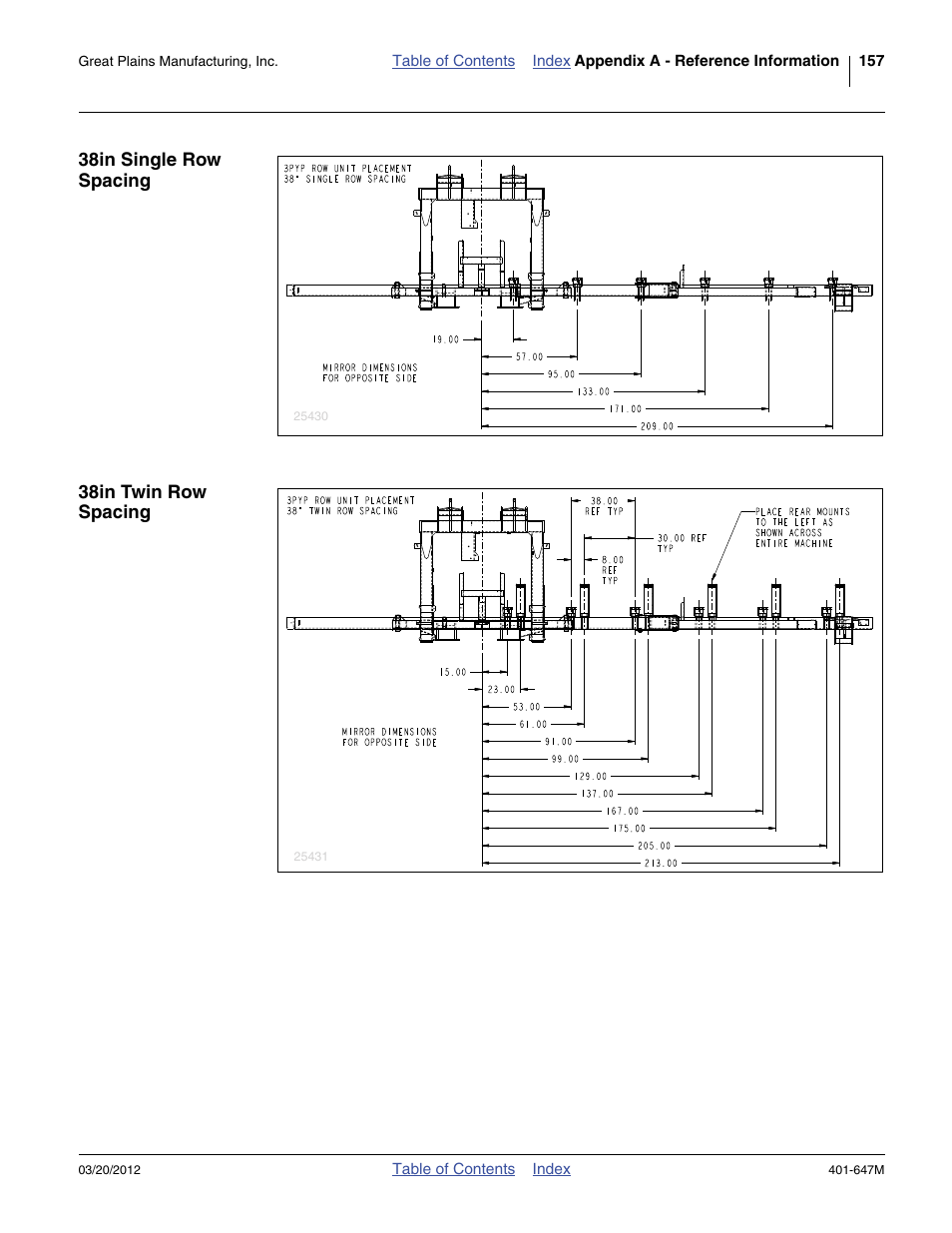 38in single row spacing, 38in twin row spacing | Great Plains 3PYPA Operator Manual User Manual | Page 161 / 188