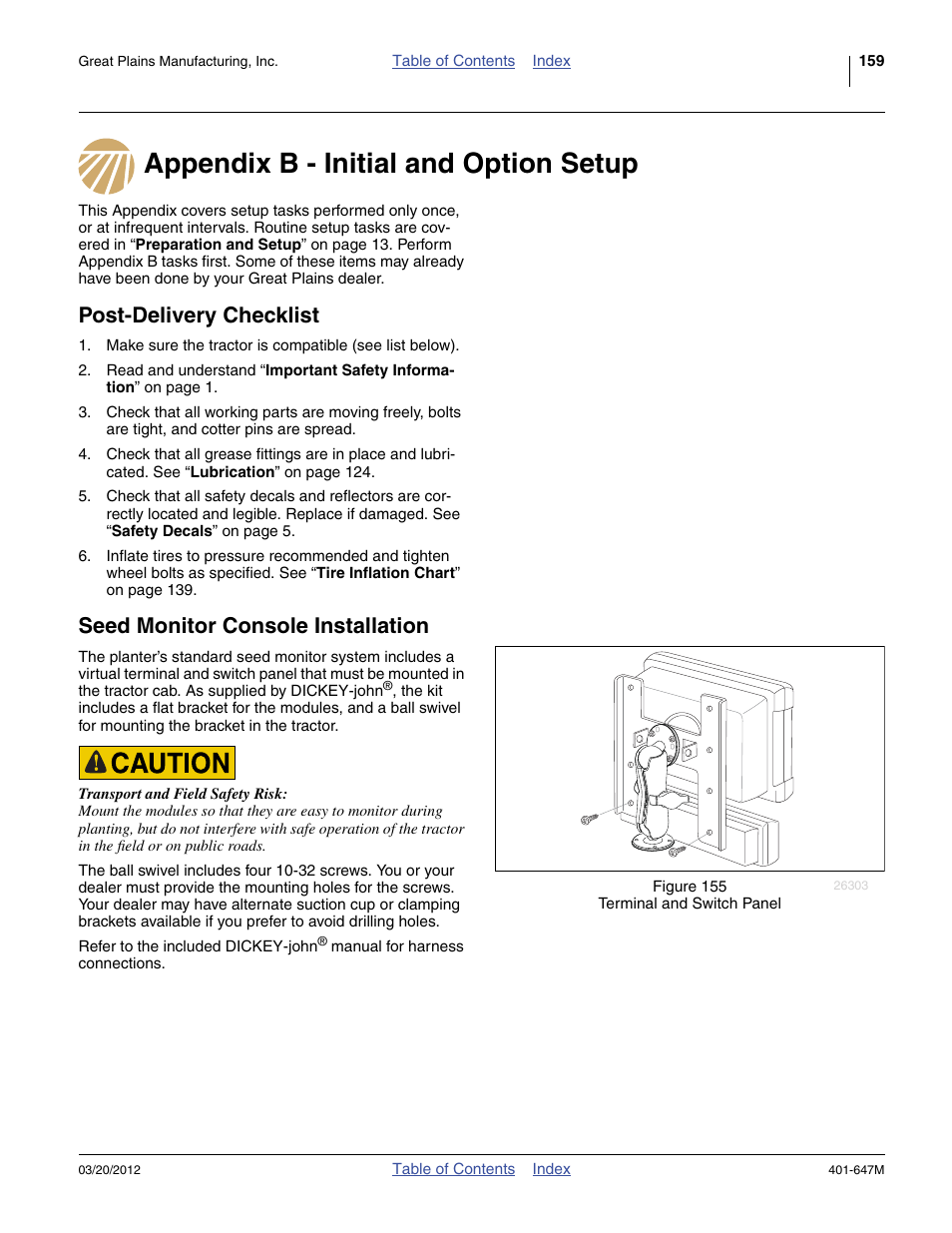 Appendix b - initial and option setup, Post-delivery checklist, Seed monitor console installation | Great Plains 3PYPA Operator Manual User Manual | Page 163 / 188