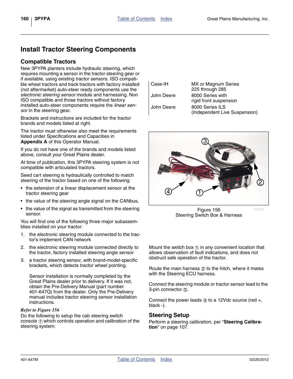 Install tractor steering components, Compatible tractors, Steering setup | Great Plains 3PYPA Operator Manual User Manual | Page 164 / 188