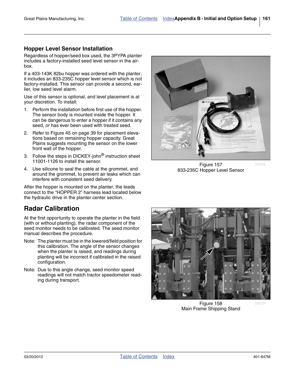 Hopper level sensor installation, Radar calibration | Great Plains 3PYPA Operator Manual User Manual | Page 165 / 188