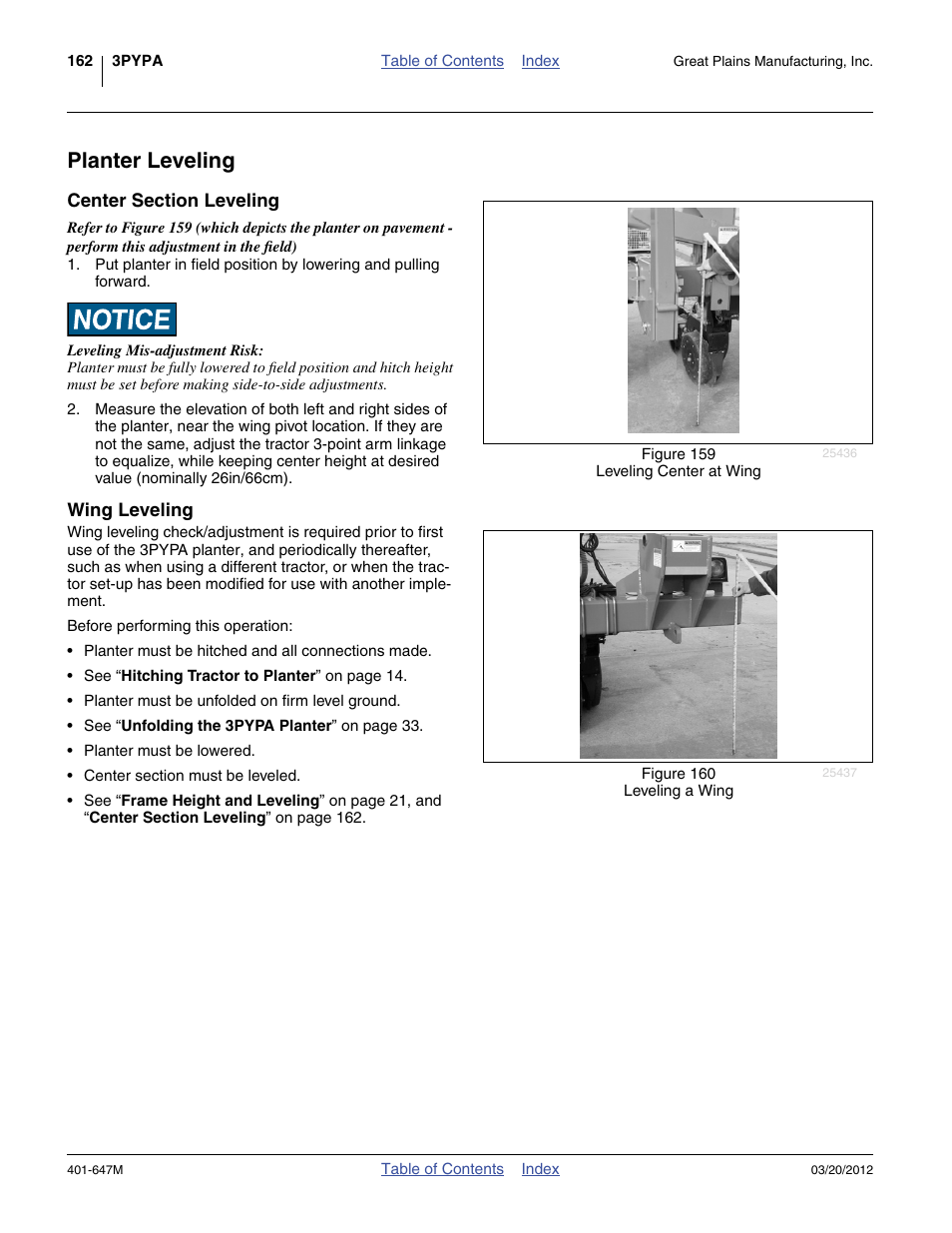 Planter leveling, Center section leveling, Wing leveling | Center section leveling wing leveling | Great Plains 3PYPA Operator Manual User Manual | Page 166 / 188