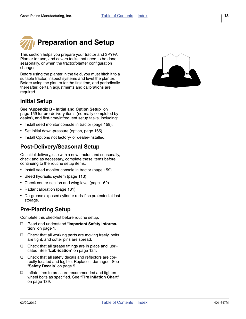 Preparation and setup, Initial setup, Post-delivery/seasonal setup | Pre-planting setup | Great Plains 3PYPA Operator Manual User Manual | Page 17 / 188