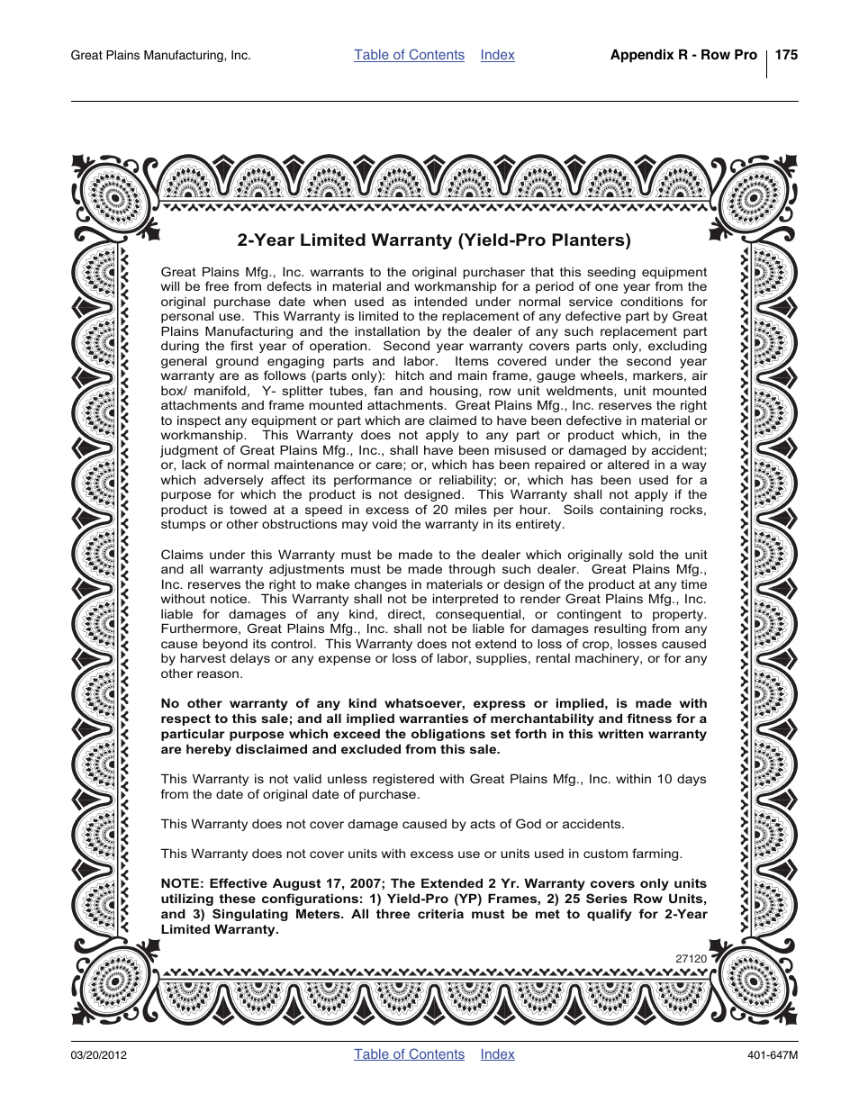 Warranty, Year limited warranty (yield-pro planters) | Great Plains 3PYPA Operator Manual User Manual | Page 179 / 188
