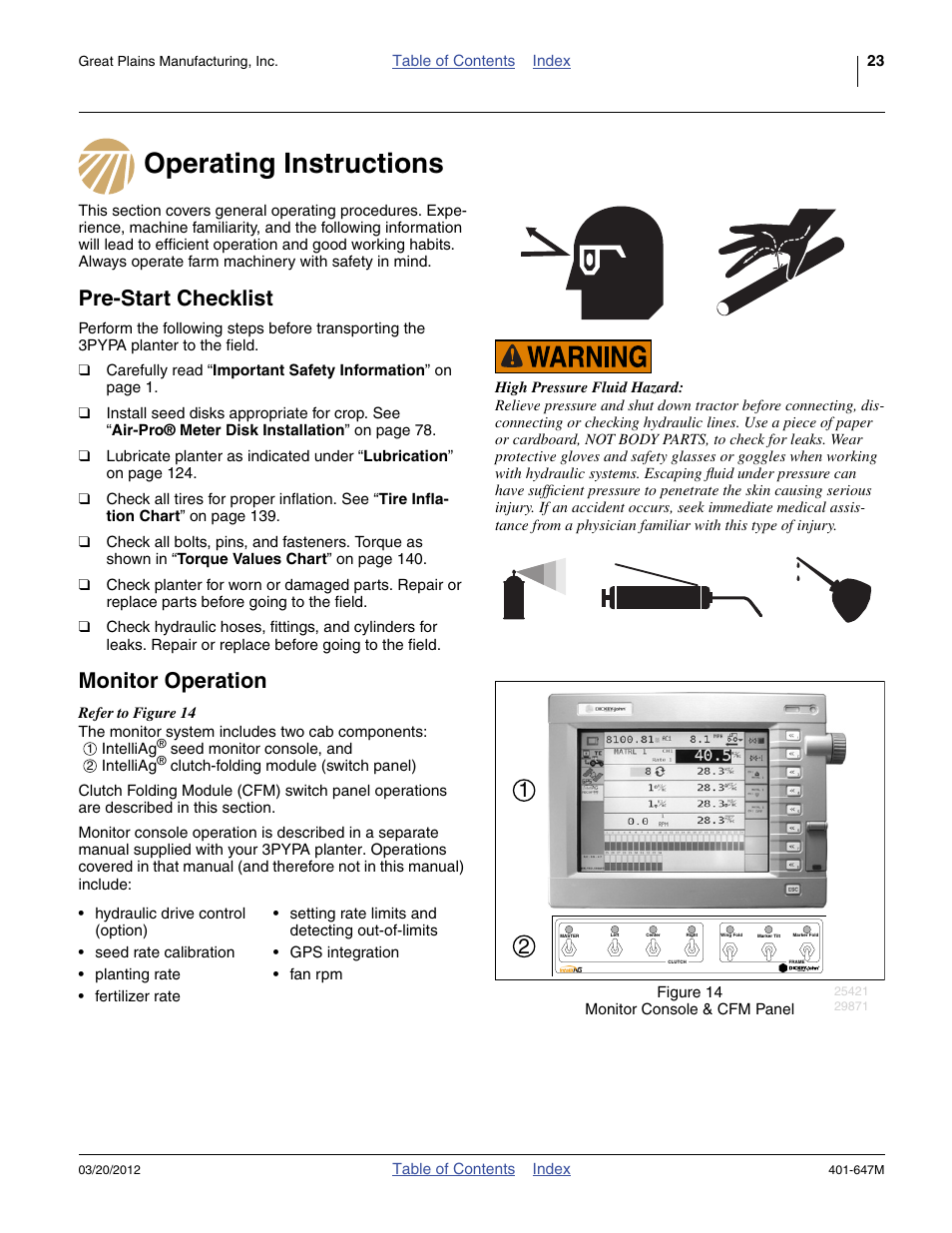 Operating instructions, Pre-start checklist, Monitor operation | Great Plains 3PYPA Operator Manual User Manual | Page 27 / 188