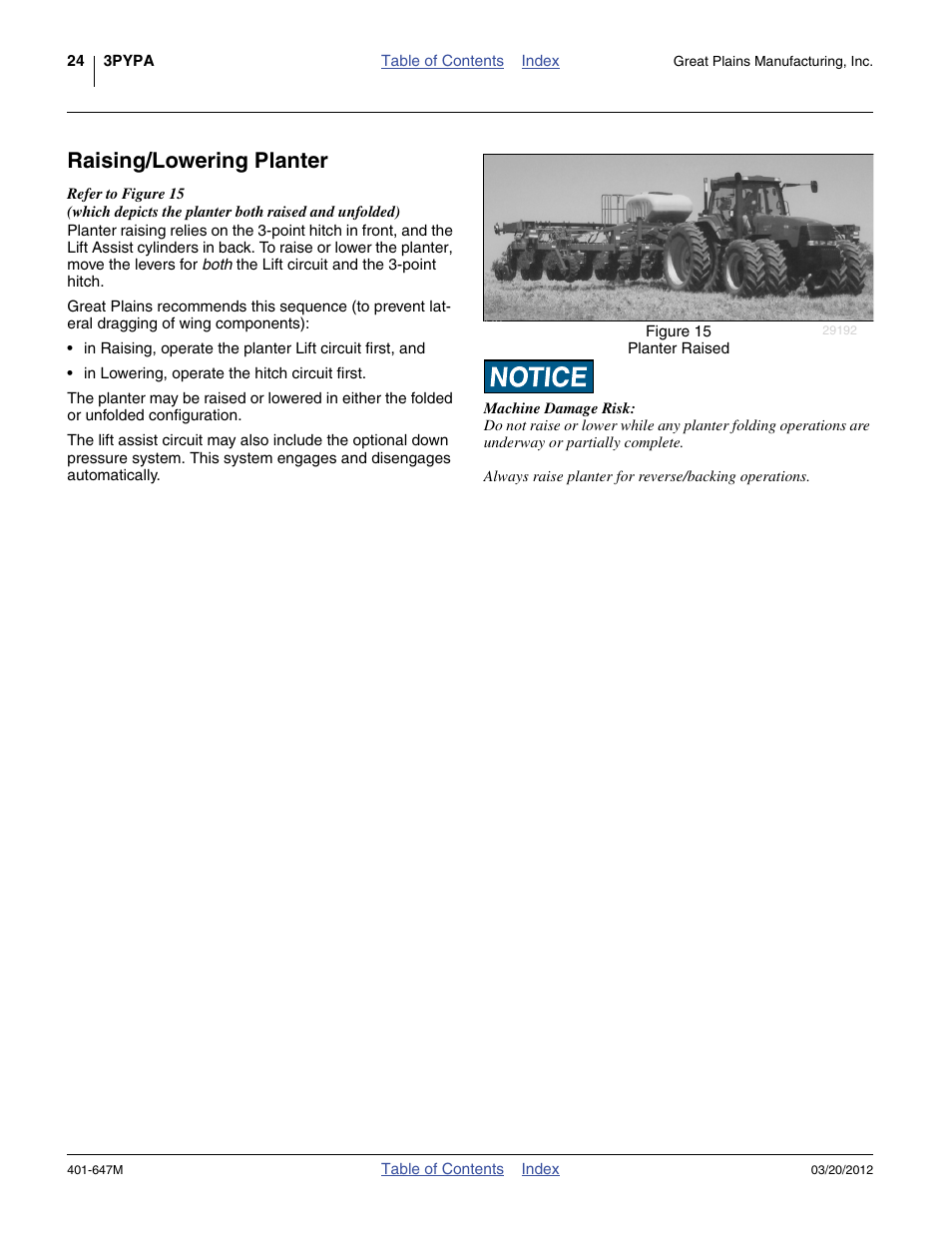 Raising/lowering planter | Great Plains 3PYPA Operator Manual User Manual | Page 28 / 188