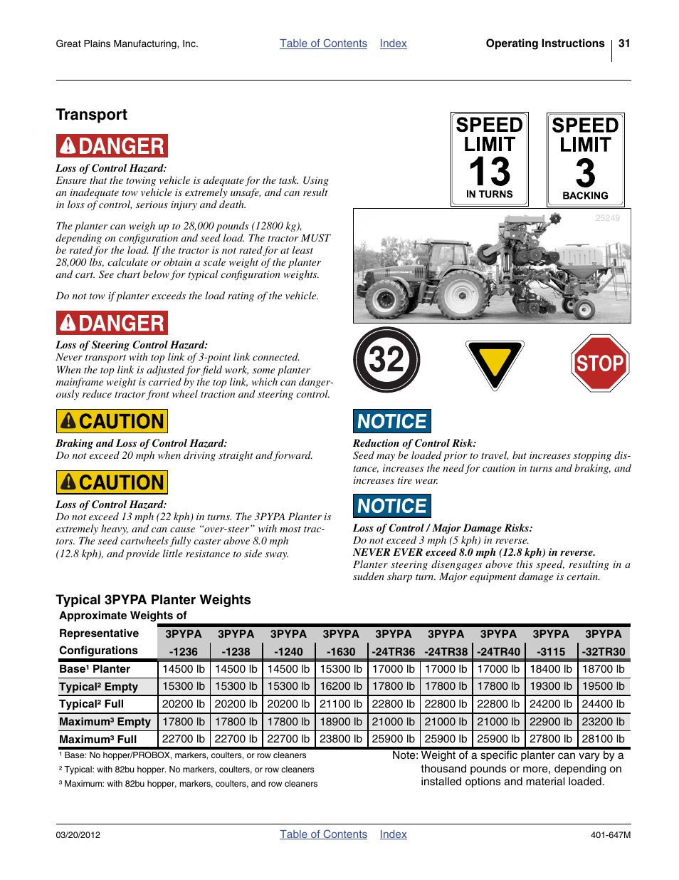 Transport, Typical 3pypa planter weights | Great Plains 3PYPA Operator Manual User Manual | Page 35 / 188