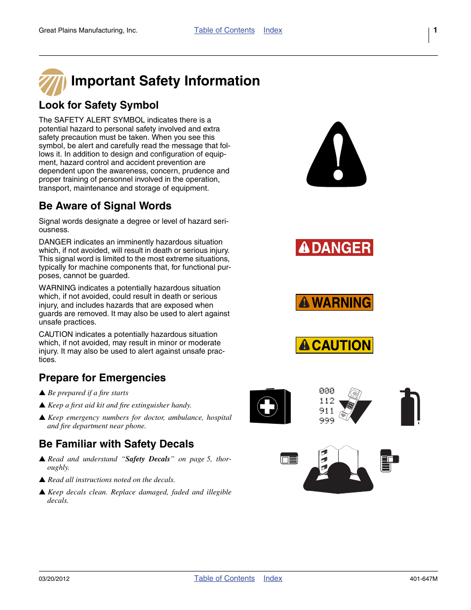 Important safety information, Look for safety symbol, Be aware of signal words | Prepare for emergencies, Be familiar with safety decals | Great Plains 3PYPA Operator Manual User Manual | Page 5 / 188