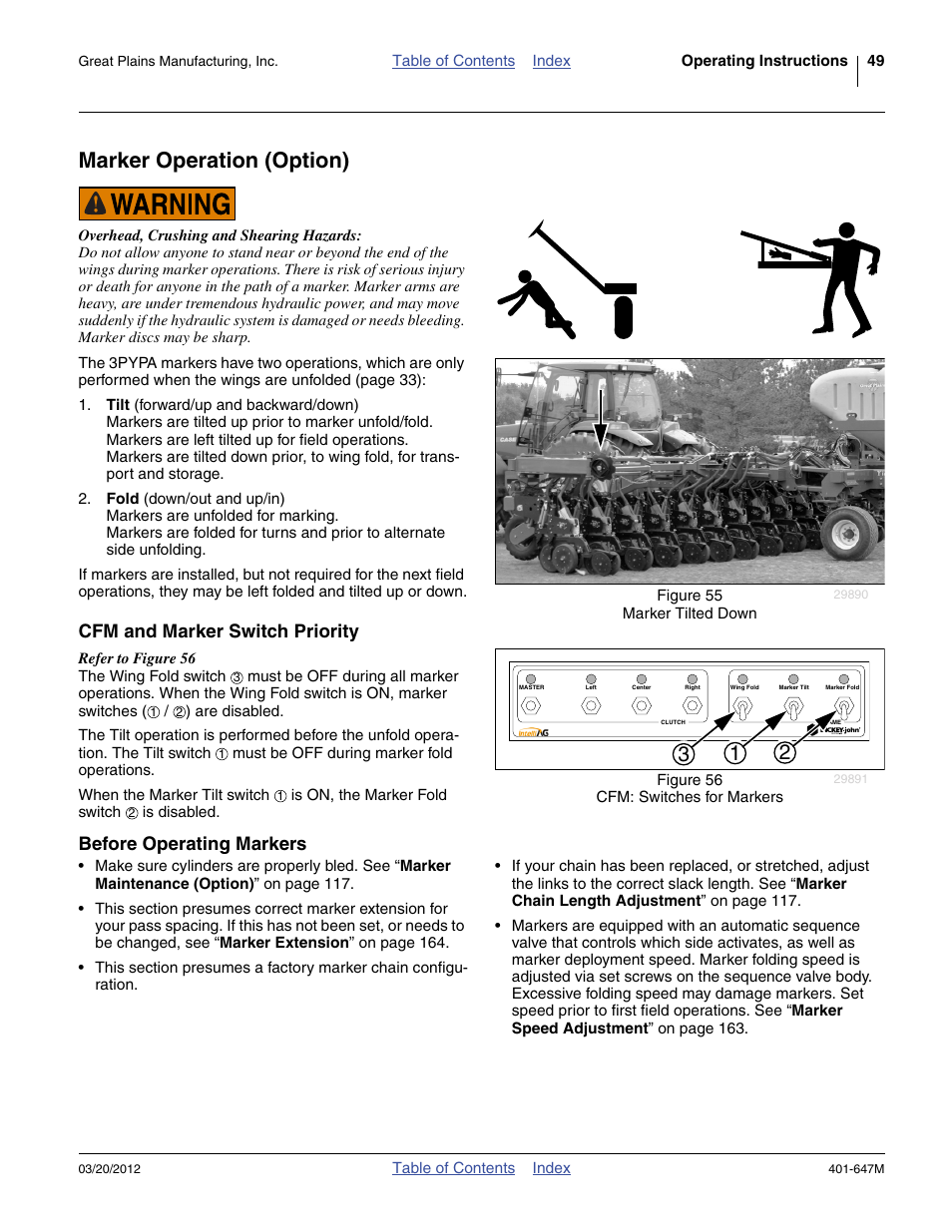 Marker operation (option), Cfm and marker switch priority, Before operating markers | Great Plains 3PYPA Operator Manual User Manual | Page 53 / 188