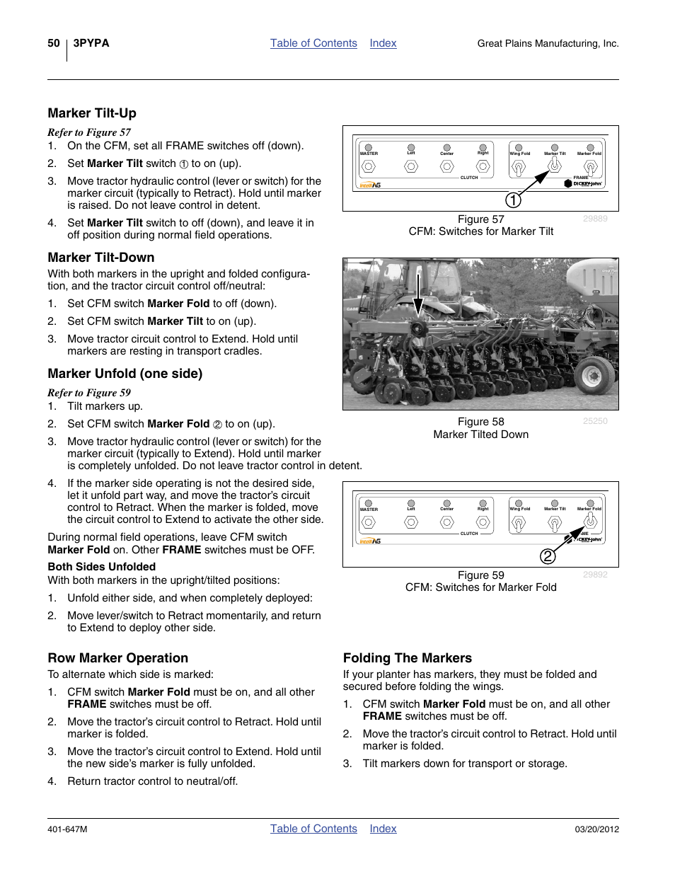 Marker tilt-up, Marker tilt-down, Marker unfold (one side) | Both sides unfolded, Row marker operation, Folding the markers, Row marker operation folding the markers | Great Plains 3PYPA Operator Manual User Manual | Page 54 / 188