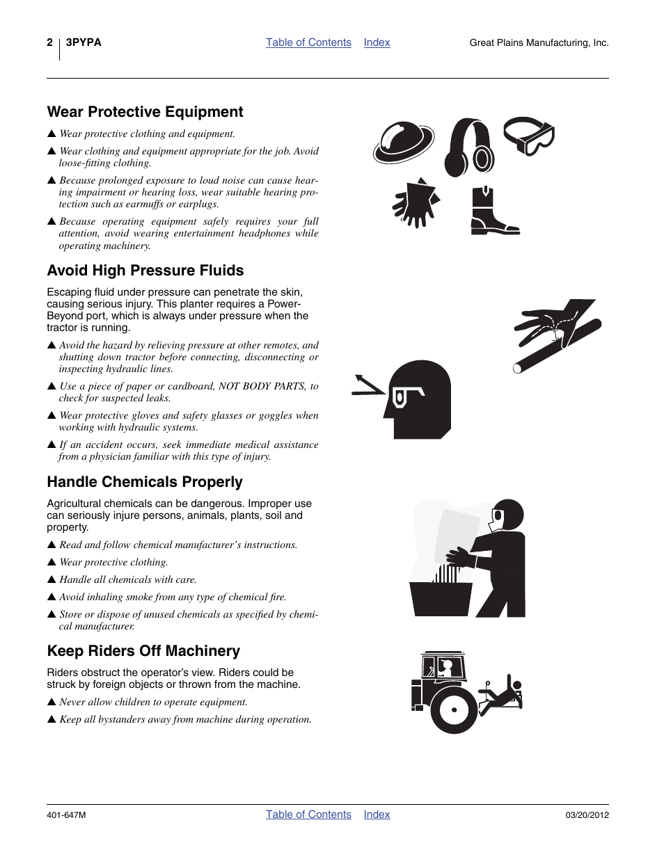 Wear protective equipment, Avoid high pressure fluids, Handle chemicals properly | Keep riders off machinery | Great Plains 3PYPA Operator Manual User Manual | Page 6 / 188