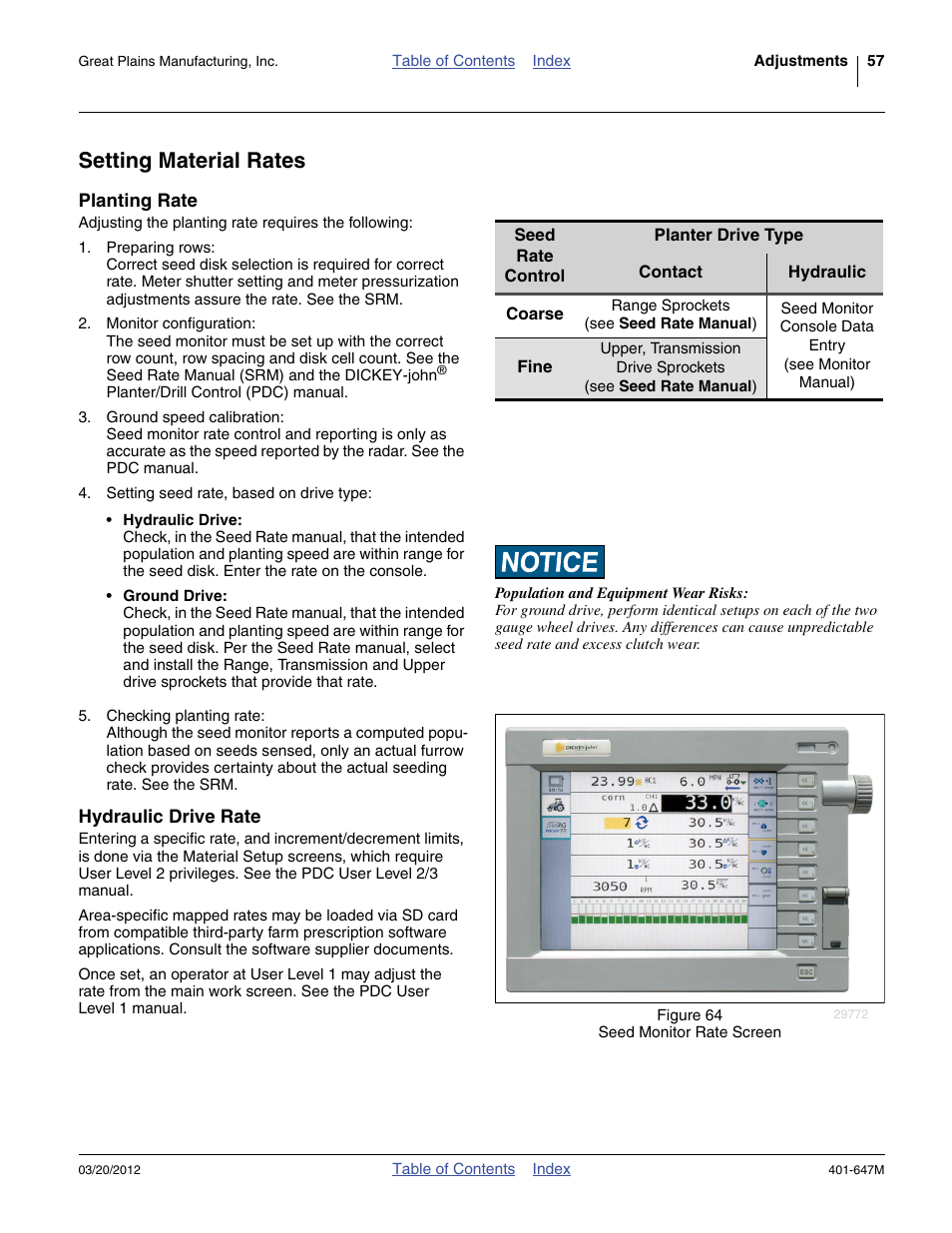 Setting material rates, Planting rate, Hydraulic drive rate | Planting rate hydraulic drive rate | Great Plains 3PYPA Operator Manual User Manual | Page 61 / 188