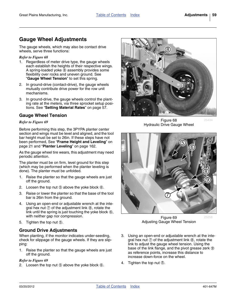 Gauge wheel adjustments, Gauge wheel tension, Ground drive adjustments | Gauge wheel tension ground drive adjustments | Great Plains 3PYPA Operator Manual User Manual | Page 63 / 188