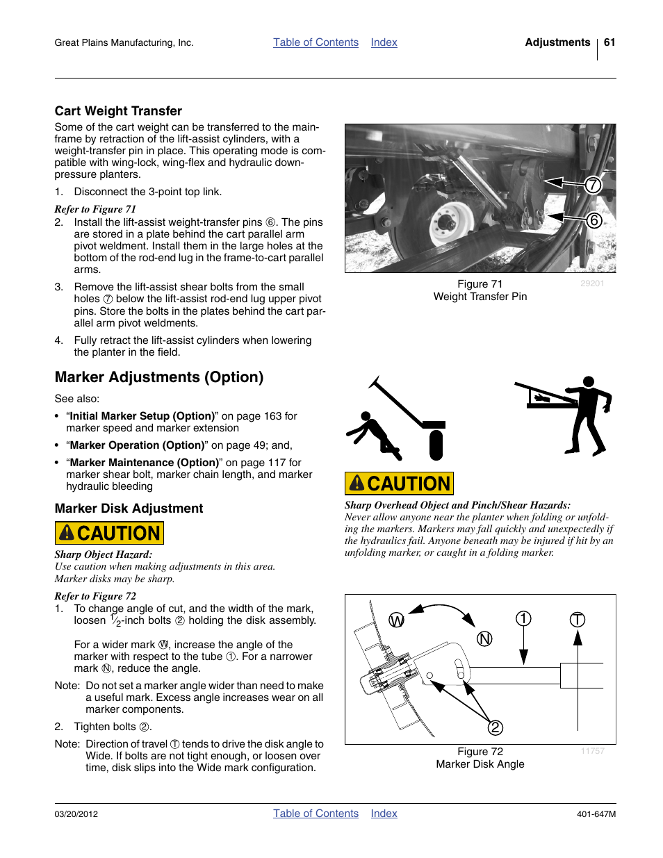 Cart weight transfer, Marker adjustments (option), Marker disk adjustment | 21 n w t | Great Plains 3PYPA Operator Manual User Manual | Page 65 / 188
