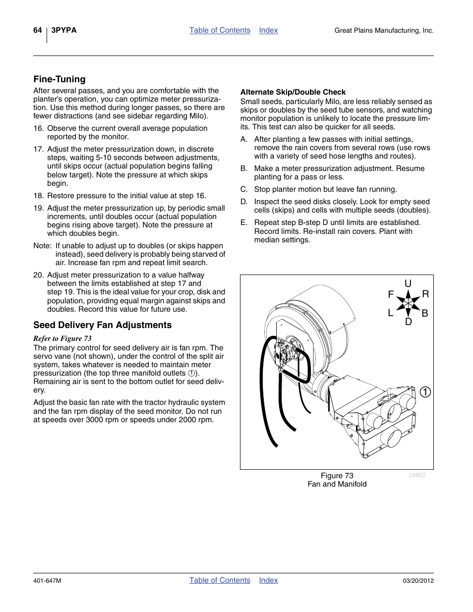 Fine-tuning, Alternate skip/double check, Seed delivery fan adjustments | The “ alternate skip/double check ” belo | Great Plains 3PYPA Operator Manual User Manual | Page 68 / 188