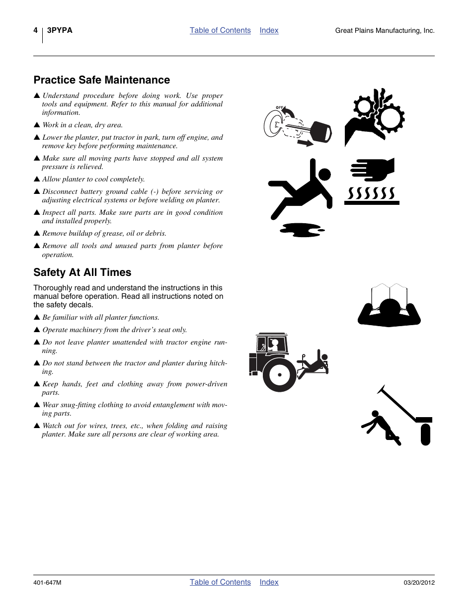 Practice safe maintenance, Safety at all times | Great Plains 3PYPA Operator Manual User Manual | Page 8 / 188