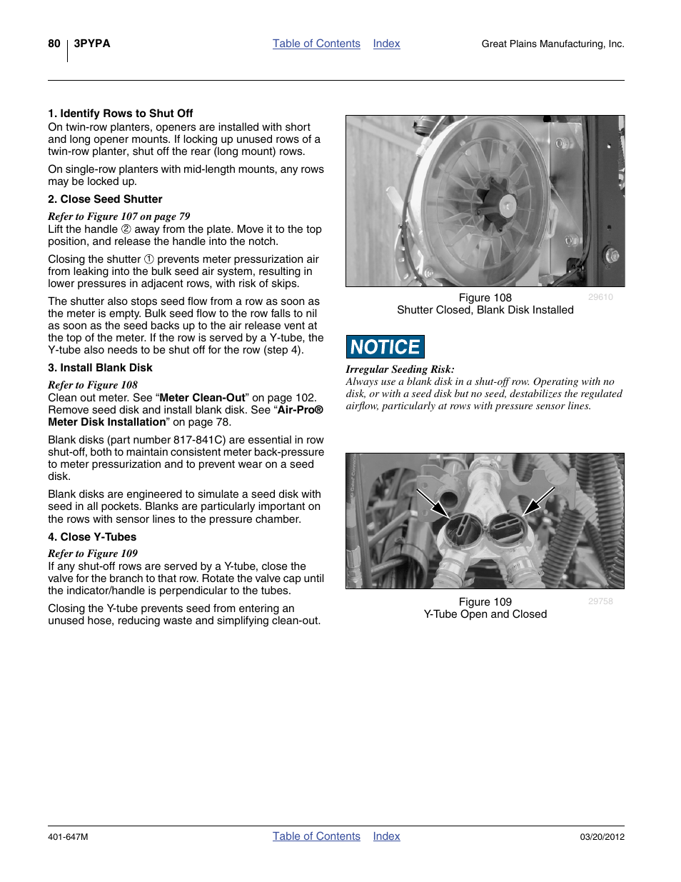 Identify rows to shut off, Close seed shutter, Install blank disk | Close y-tubes | Great Plains 3PYPA Operator Manual User Manual | Page 84 / 188