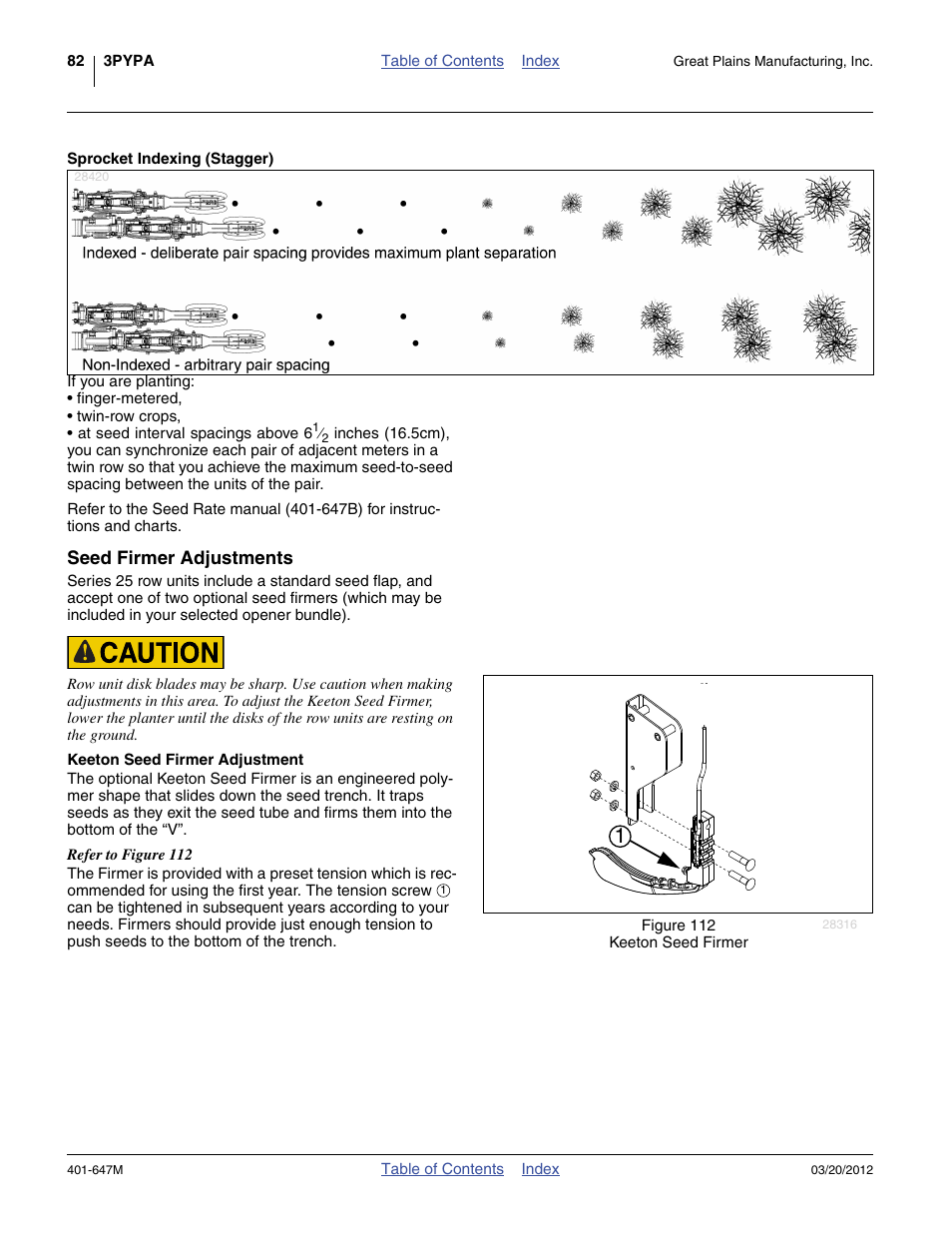 Sprocket indexing (stagger), Seed firmer adjustments, Keeton seed firmer adjustment | Great Plains 3PYPA Operator Manual User Manual | Page 86 / 188