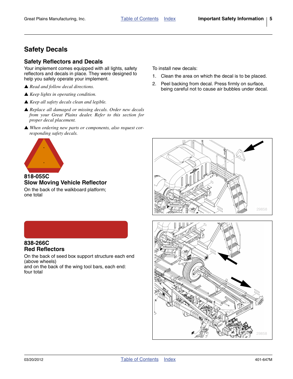 Safety decals, Safety reflectors and decals, 055c slow moving vehicle reflector | 266c red reflectors | Great Plains 3PYPA Operator Manual User Manual | Page 9 / 188