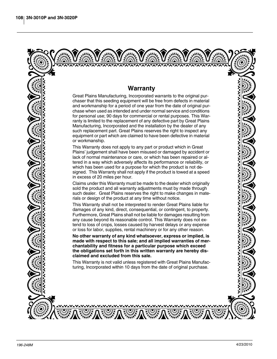 Warranty | Great Plains 3N-3020P Operator Manual User Manual | Page 110 / 111