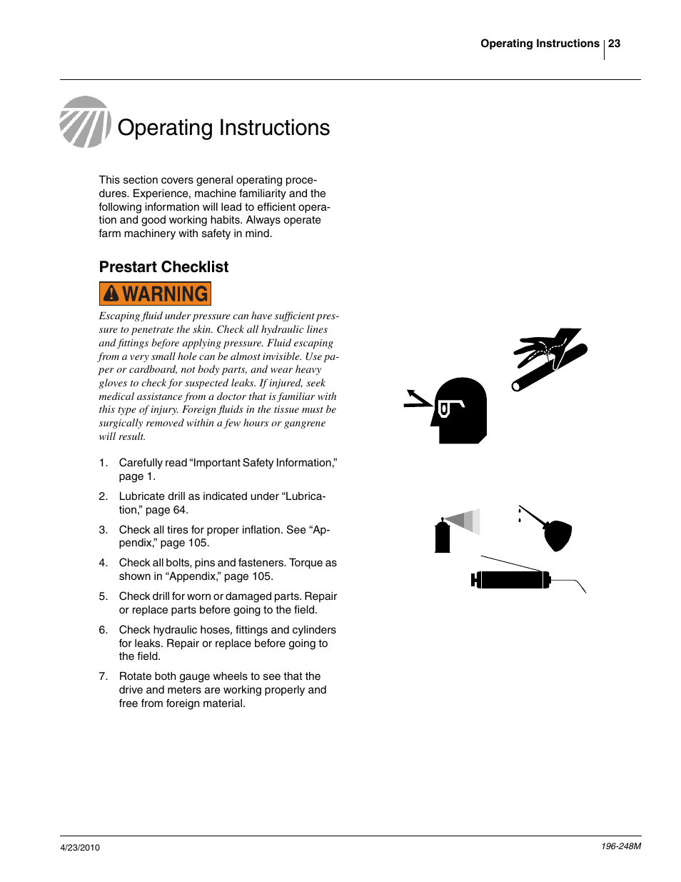 Operating instructions, Prestart checklist | Great Plains 3N-3020P Operator Manual User Manual | Page 25 / 111