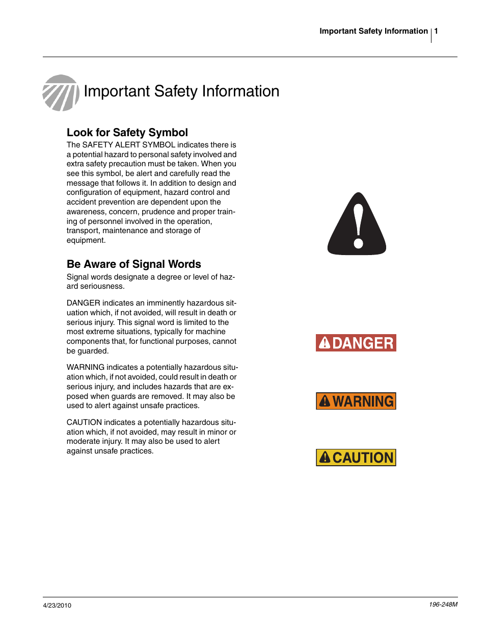 Important safety information, Look for safety symbol, Be aware of signal words | Great Plains 3N-3020P Operator Manual User Manual | Page 3 / 111
