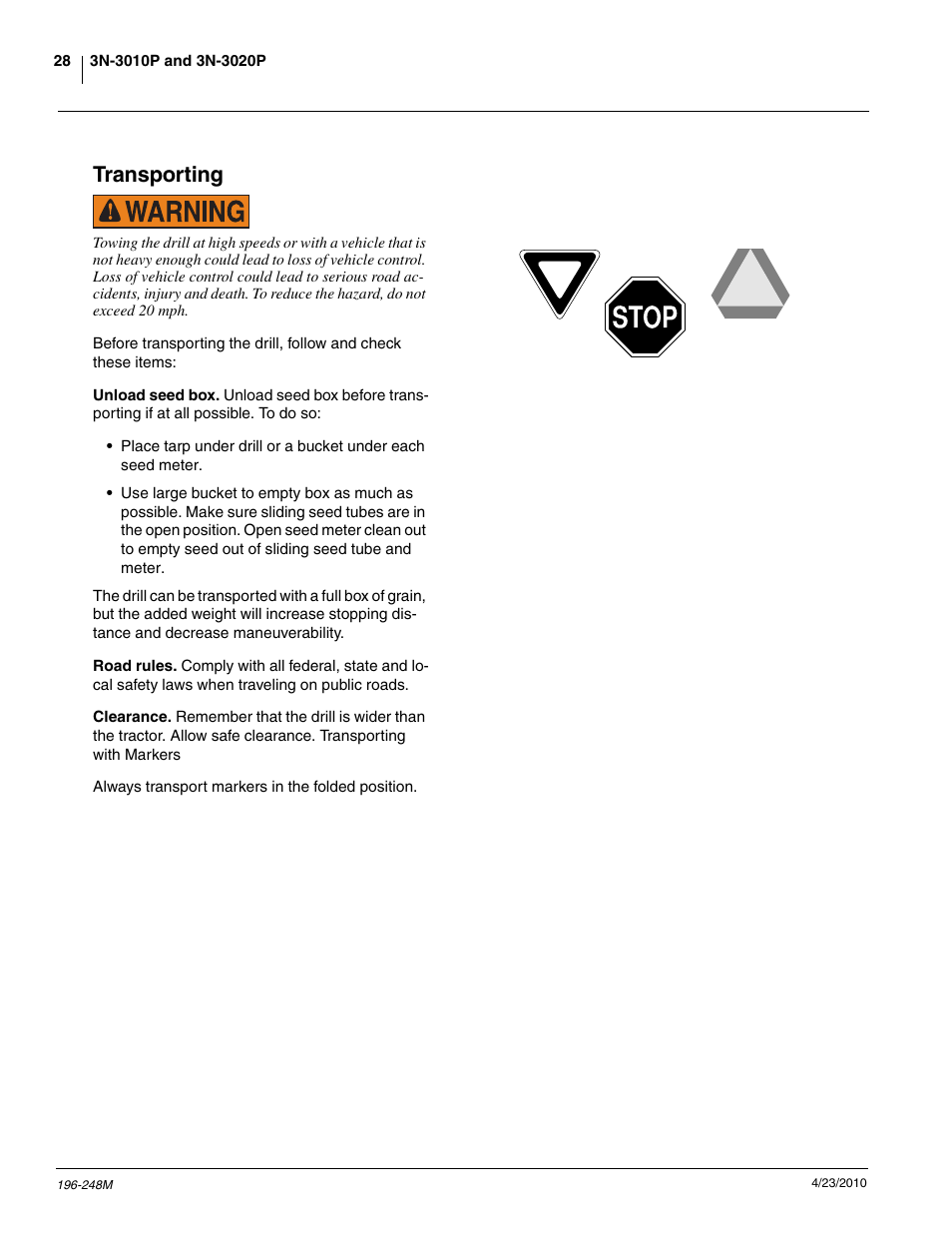 Transporting | Great Plains 3N-3020P Operator Manual User Manual | Page 30 / 111